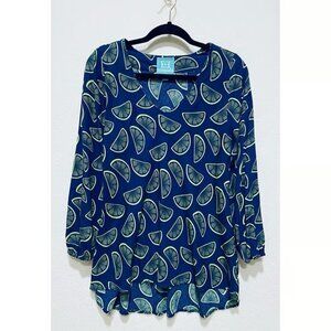 Escapada Top Womens Large Blue Lemon Print V Neck Tunic Beachy Vacation Boho